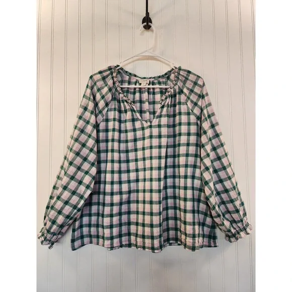 J.Crew Pink Green Gingham Ruffle Neck Cotton Sheer Peasant Blouse XL Flowy Boho - Picture 1 of 14